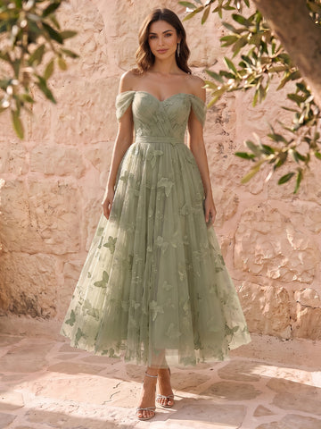 Sage Butterfly Embroidered Tulle Prom Dresses Midi Corset Off Shouler A Line