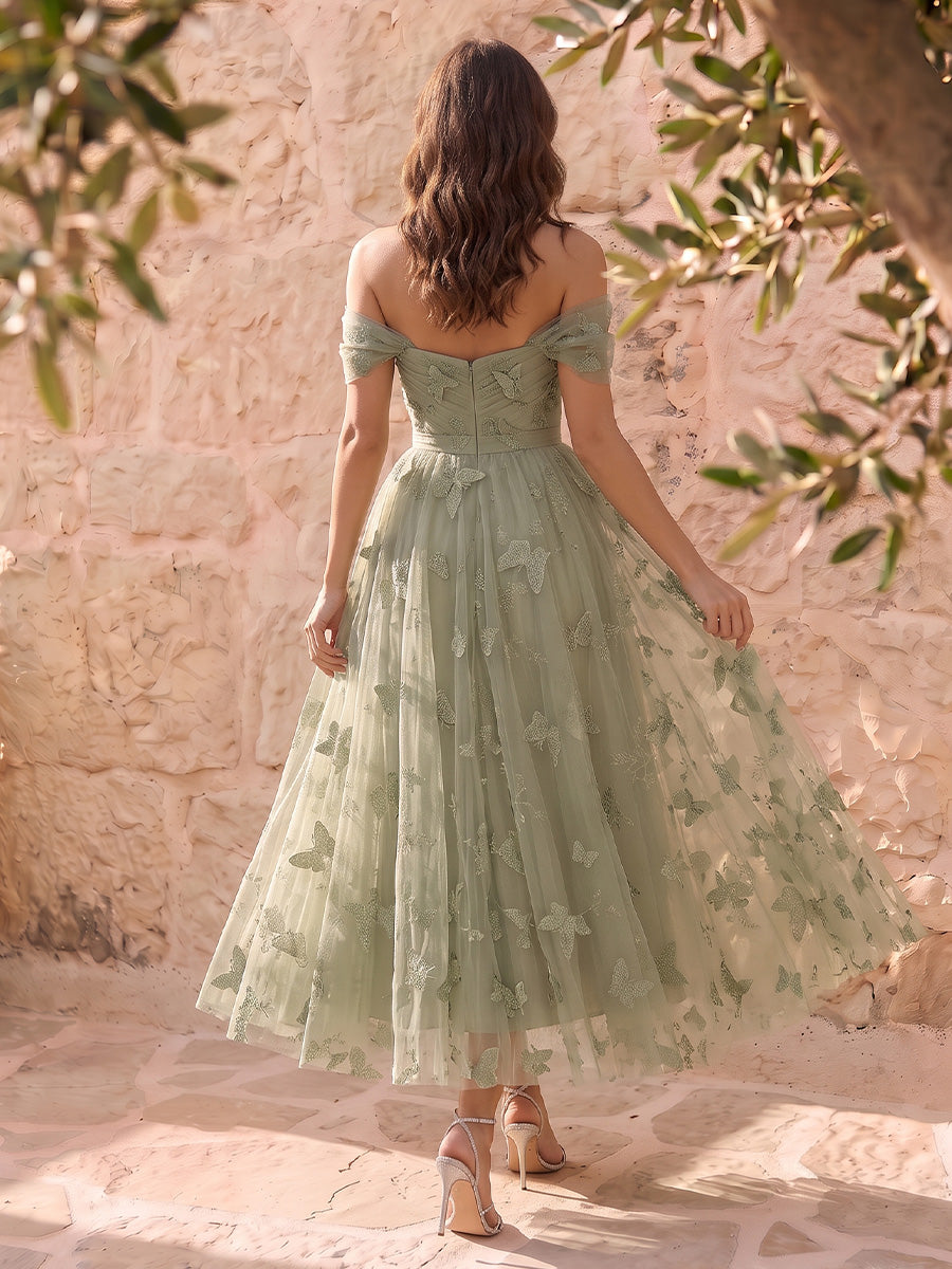 Sage Butterfly Embroidered Tulle Prom Dresses Midi Corset Off Shouler A Line