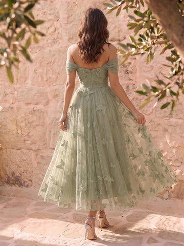 Sage Butterfly Embroidered Tulle Prom Dresses Midi Corset Off Shouler A Line