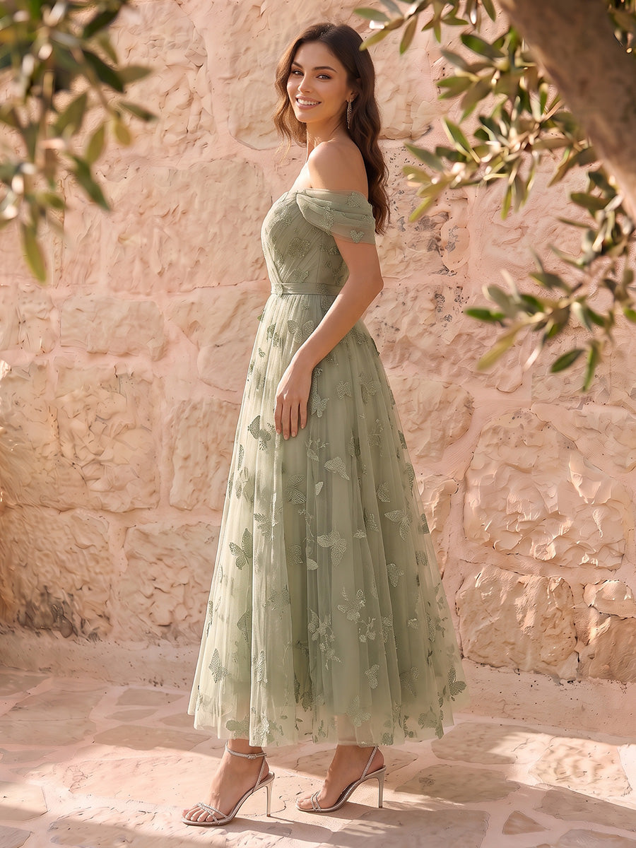 Sage Butterfly Embroidered Tulle Prom Dresses Midi Corset Off Shouler A Line