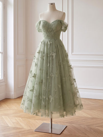 Sage Butterfly Embroidered Tulle Prom Dresses Midi Corset Off Shouler A Line