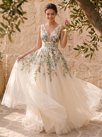 Ivory Floral Embroidered Tulle Prom Dress Deep V Neck Sleeveless A Line Floor Length