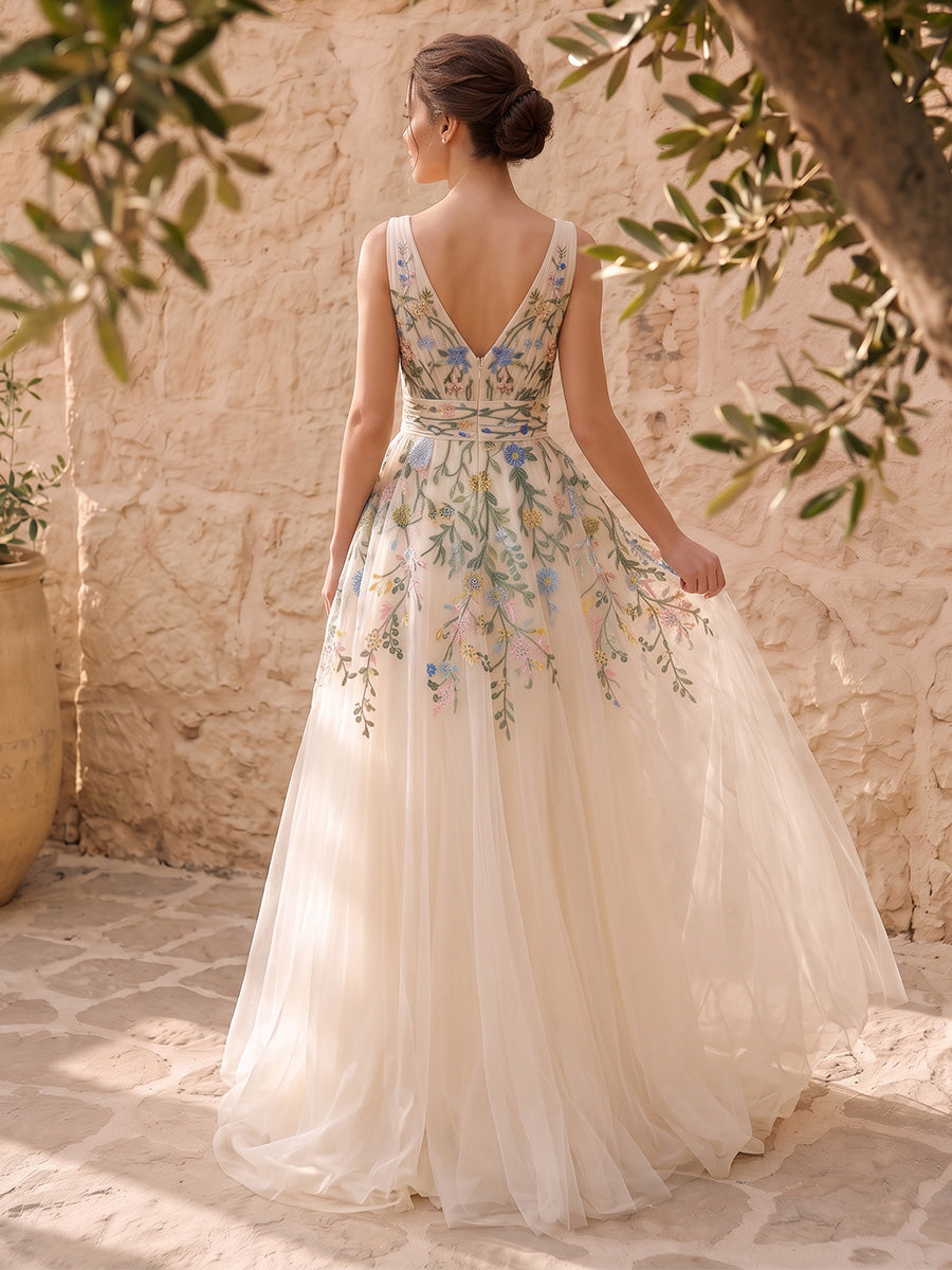 Ivory Floral Embroidered Tulle Prom Dress Deep V Neck Sleeveless A Line Floor Length
