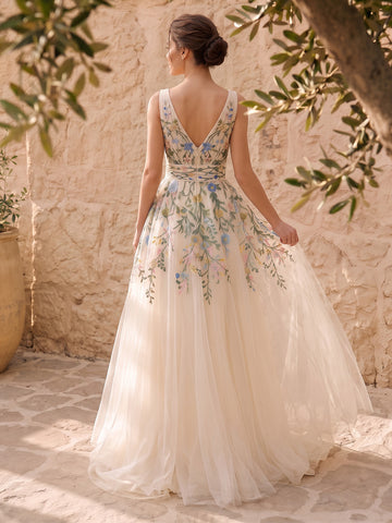 Ivory Floral Embroidered Tulle Prom Dress Deep V Neck Sleeveless A Line Floor Length