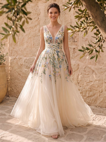 Ivory Floral Embroidered Tulle Prom Dress Deep V Neck Sleeveless A Line Floor Length