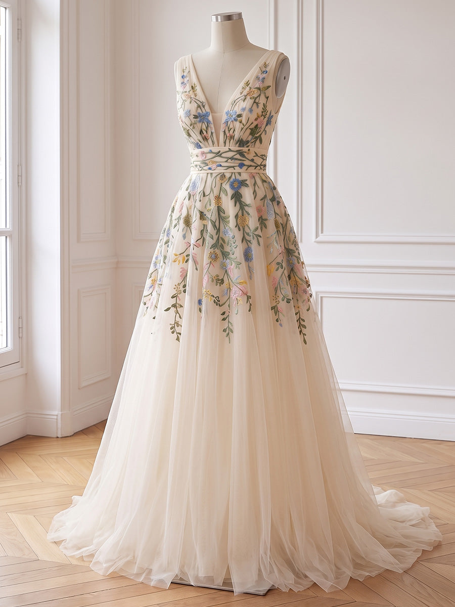 Ivory Floral Embroidered Tulle Prom Dress Deep V Neck Sleeveless A Line Floor Length