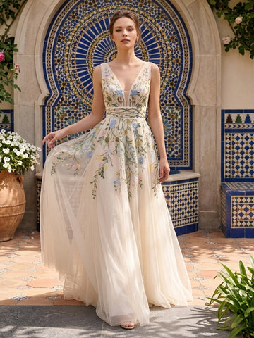 Ivory Floral Embroidered Tulle Prom Dress Deep V Neck Sleeveless A Line Floor Length
