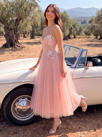 3D Floral Tulle Prom Dresses Corset A Line Pink Strapless Sweetheart