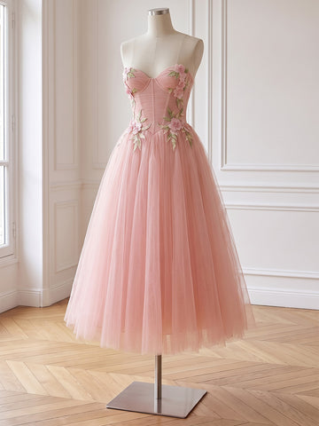 3D Floral Tulle Prom Dresses Corset A Line Pink Strapless Sweetheart