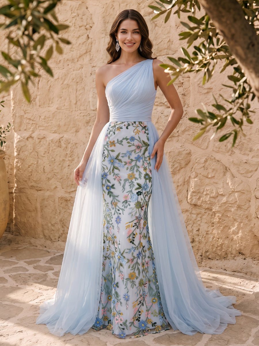 Mermaid Floral Embroidered Tulle Prom Dresses Long Ruched Sheath Light Blue One Shoulder