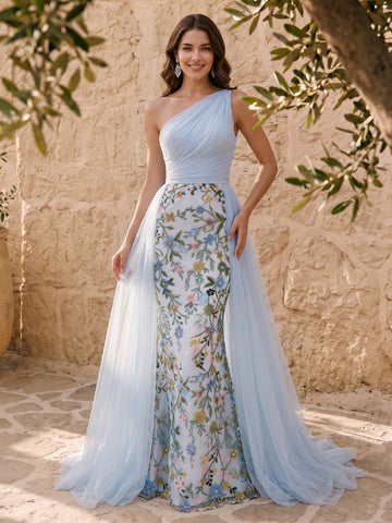 Mermaid Floral Embroidered Tulle Prom Dresses Long Ruched Sheath Light Blue One Shoulder