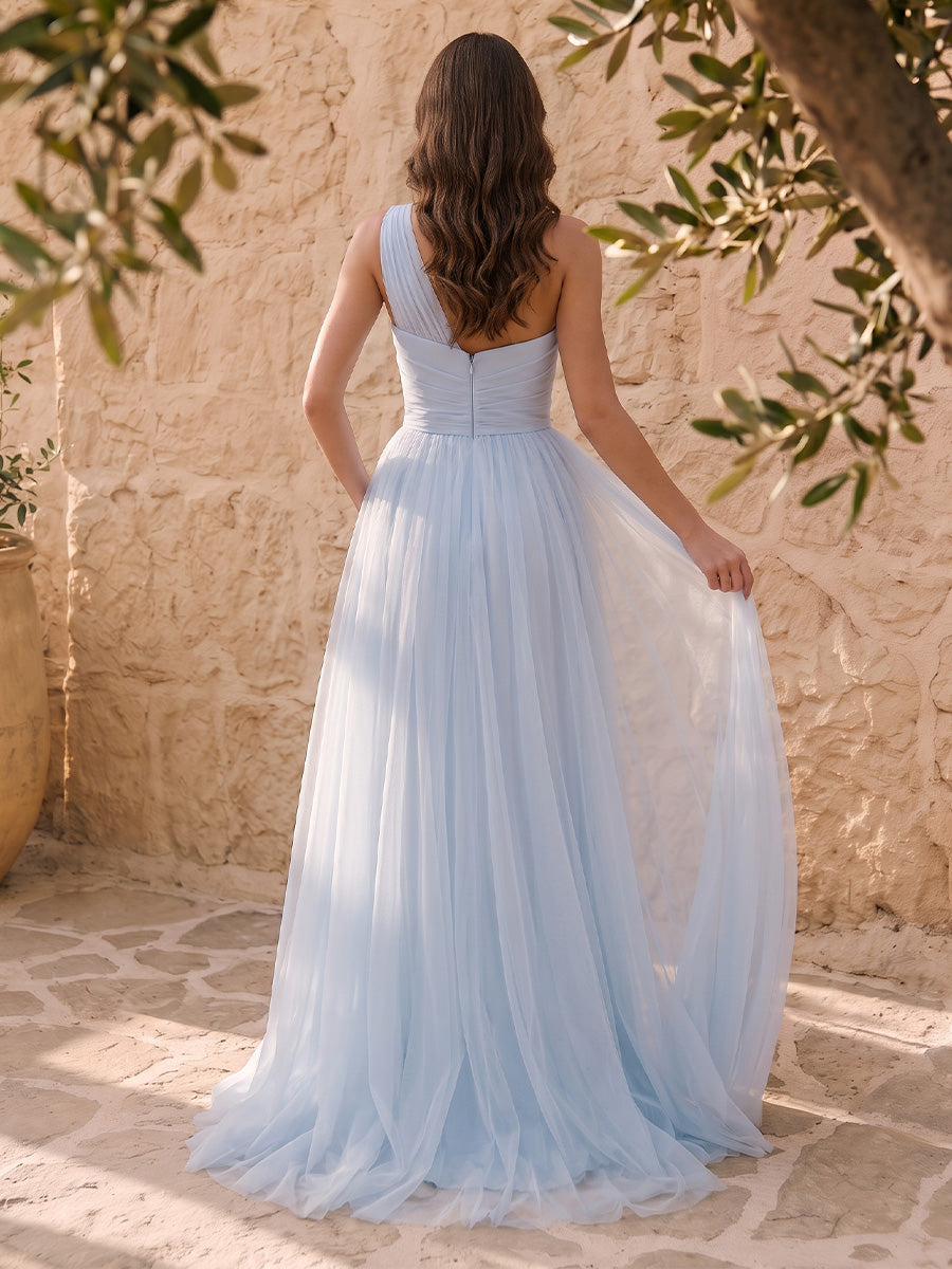 Mermaid Floral Embroidered Tulle Prom Dresses Long Ruched Sheath Light Blue One Shoulder