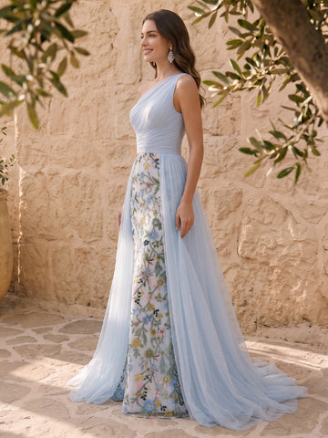 Mermaid Floral Embroidered Tulle Prom Dresses Long Ruched Sheath Light Blue One Shoulder