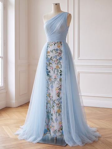 Mermaid Floral Embroidered Tulle Prom Dresses Long Ruched Sheath Light Blue One Shoulder