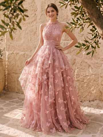 3D Butterfly Applique Tulle Prom Dresses Pink Halter Neck Ruched Tiered Ruffle