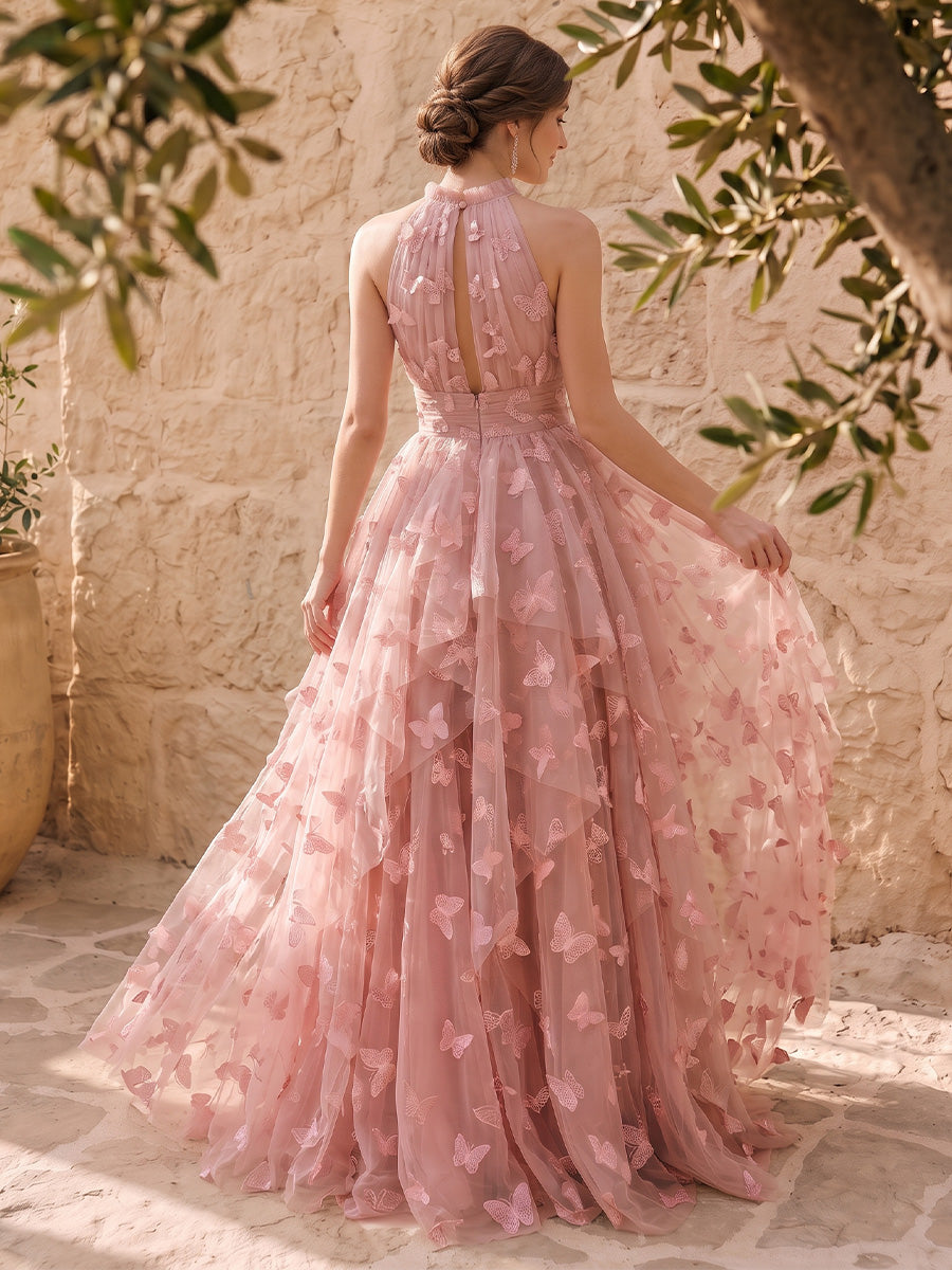 3D Butterfly Applique Tulle Prom Dresses Pink Halter Neck Ruched Tiered Ruffle