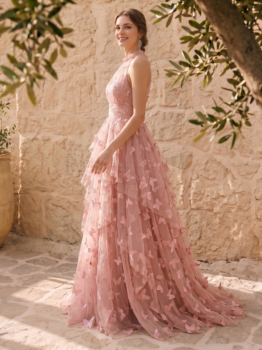 3D Butterfly Applique Tulle Prom Dresses Pink Halter Neck Ruched Tiered Ruffle