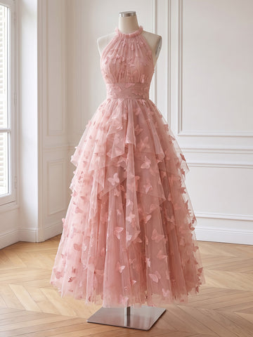 3D Butterfly Applique Tulle Prom Dresses Pink Halter Neck Ruched Tiered Ruffle