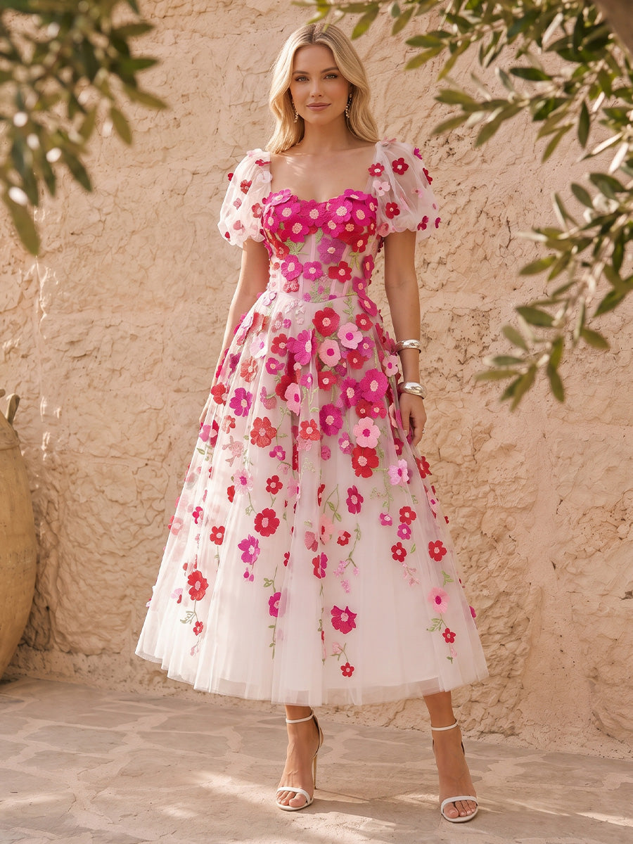 Corset A Line Midi Prom Dresses Pink 3D Floral Applique Tulle Puff Sleeve