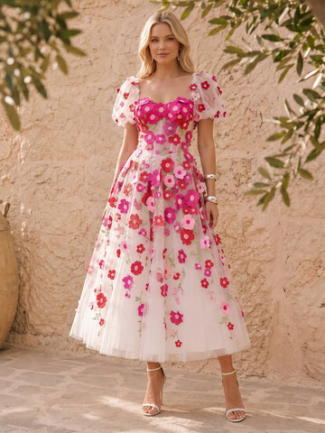 Corset A Line Midi Prom Dresses Pink 3D Floral Applique Tulle Puff Sleeve