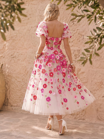 Corset A Line Midi Prom Dresses Pink 3D Floral Applique Tulle Puff Sleeve