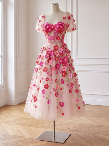 Corset A Line Midi Prom Dresses Pink 3D Floral Applique Tulle Puff Sleeve
