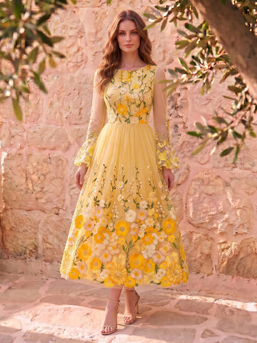 Yellow Floral Embroidered Midi Prom Dresses Long Sleeve Round Neck A Line Tulle