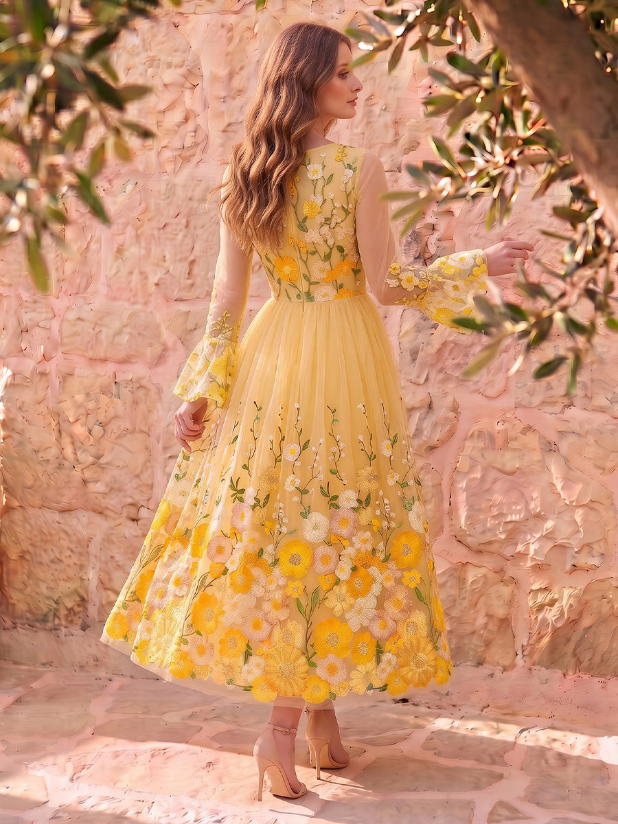 Yellow Floral Embroidered Midi Prom Dresses Long Sleeve Round Neck A Line Tulle