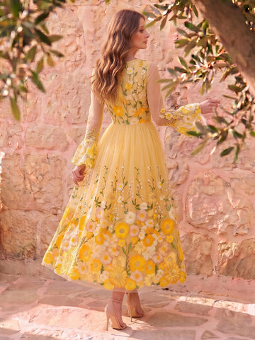 Yellow Floral Embroidered Midi Prom Dresses Long Sleeve Round Neck A Line Tulle