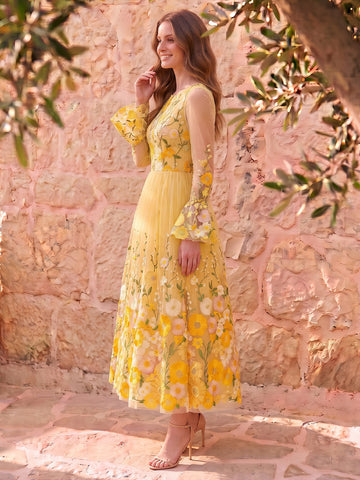 Yellow Floral Embroidered Midi Prom Dresses Long Sleeve Round Neck A Line Tulle