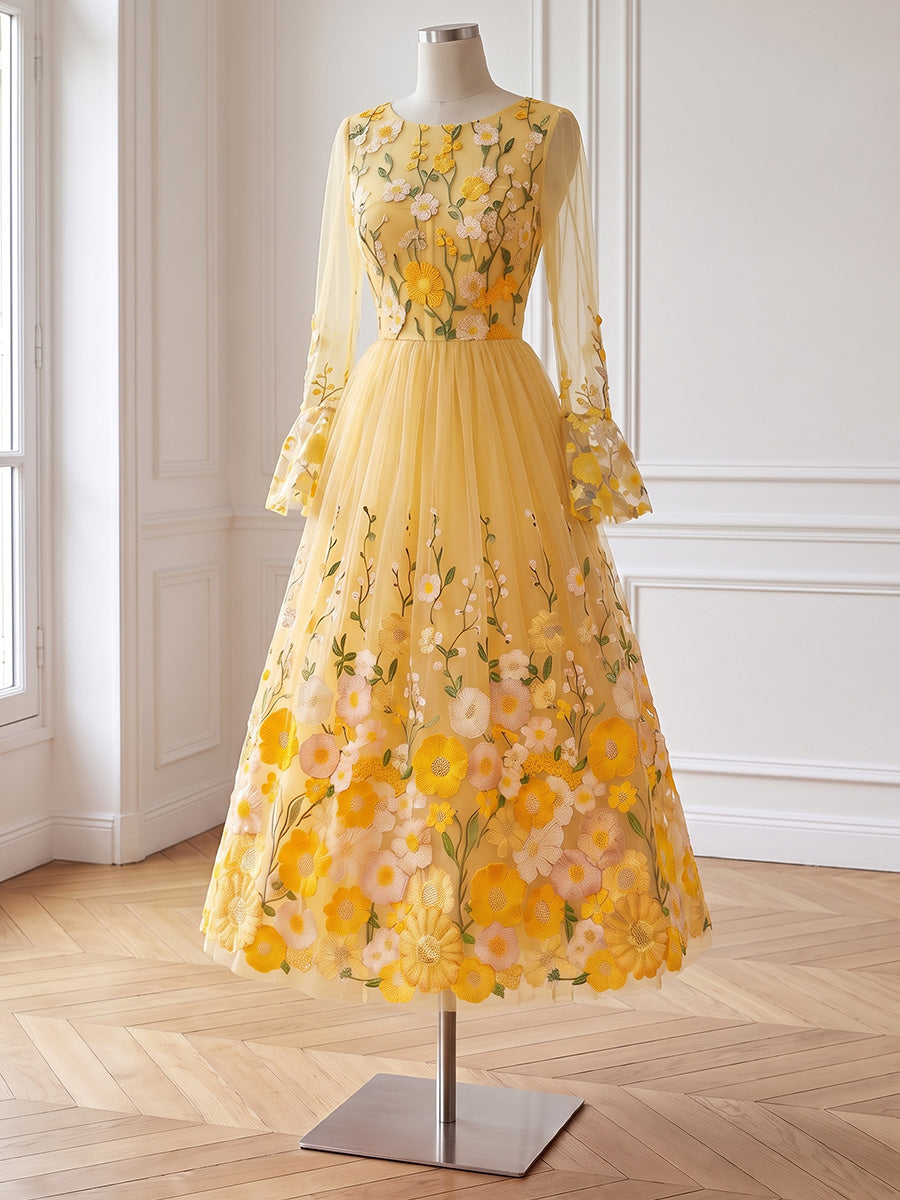 Yellow Floral Embroidered Midi Prom Dresses Long Sleeve Round Neck A Line Tulle