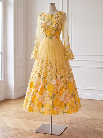 Yellow Floral Embroidered Midi Prom Dresses Long Sleeve Round Neck A Line Tulle