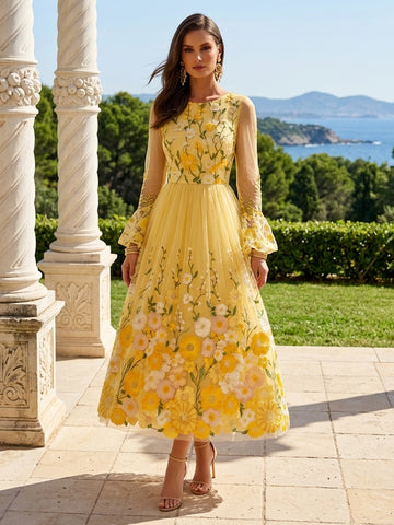 Yellow Floral Embroidered Midi Prom Dresses Long Sleeve Round Neck A Line Tulle