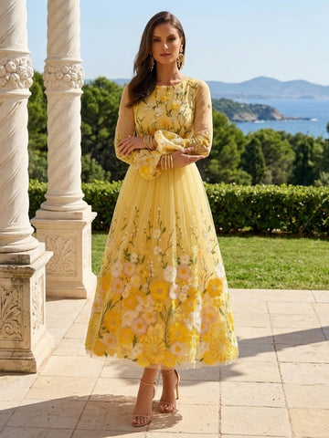 Yellow Floral Embroidered Midi Prom Dresses Long Sleeve Round Neck A Line Tulle