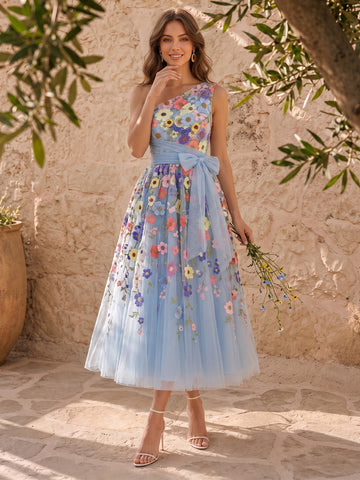 3D Floral Applique Midi Prom Dresses Light Blue with Bow Tulle One Shoulder A Line