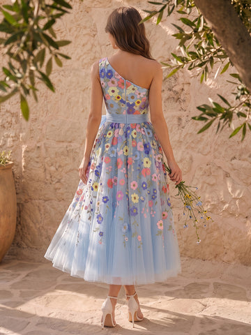 3D Floral Applique Midi Prom Dresses Light Blue with Bow Tulle One Shoulder A Line