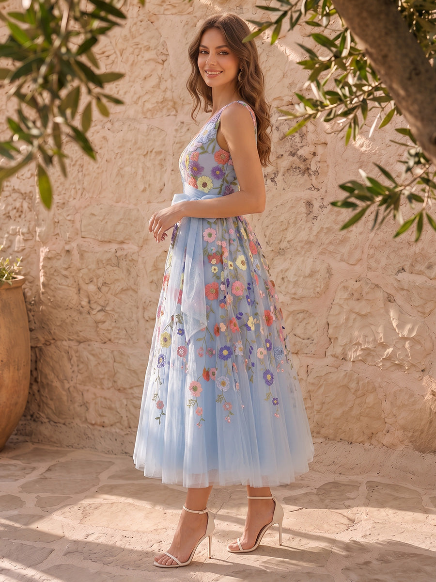 3D Floral Applique Midi Prom Dresses Light Blue with Bow Tulle One Shoulder A Line
