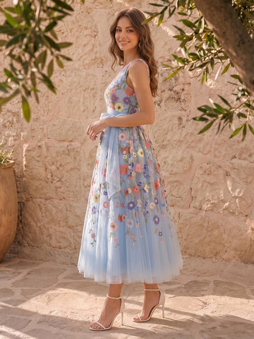 3D Floral Applique Midi Prom Dresses Light Blue with Bow Tulle One Shoulder A Line