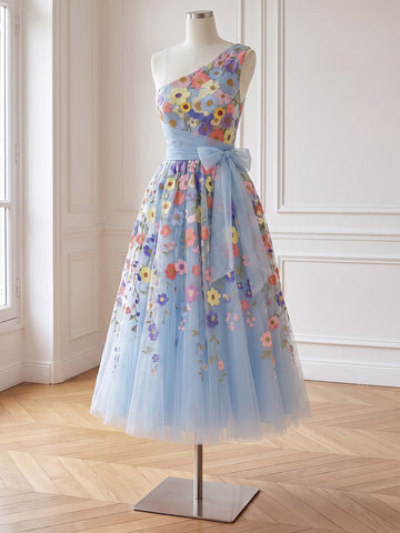 3D Floral Applique Midi Prom Dresses Light Blue with Bow Tulle One Shoulder A Line
