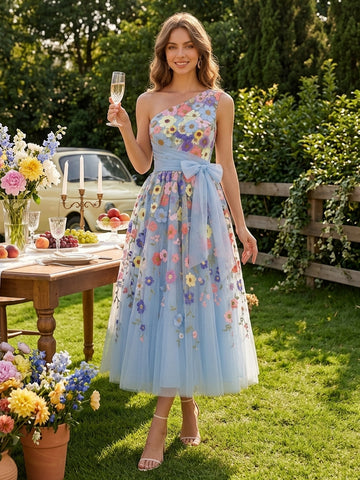 3D Floral Applique Midi Prom Dresses Light Blue with Bow Tulle One Shoulder A Line
