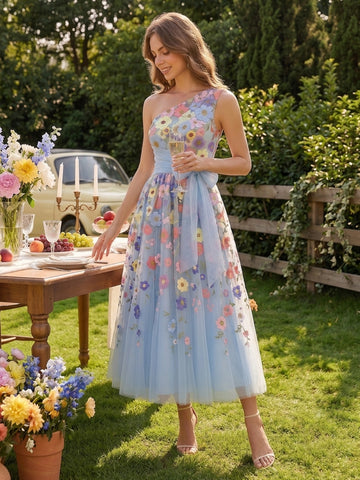 3D Floral Applique Midi Prom Dresses Light Blue with Bow Tulle One Shoulder A Line