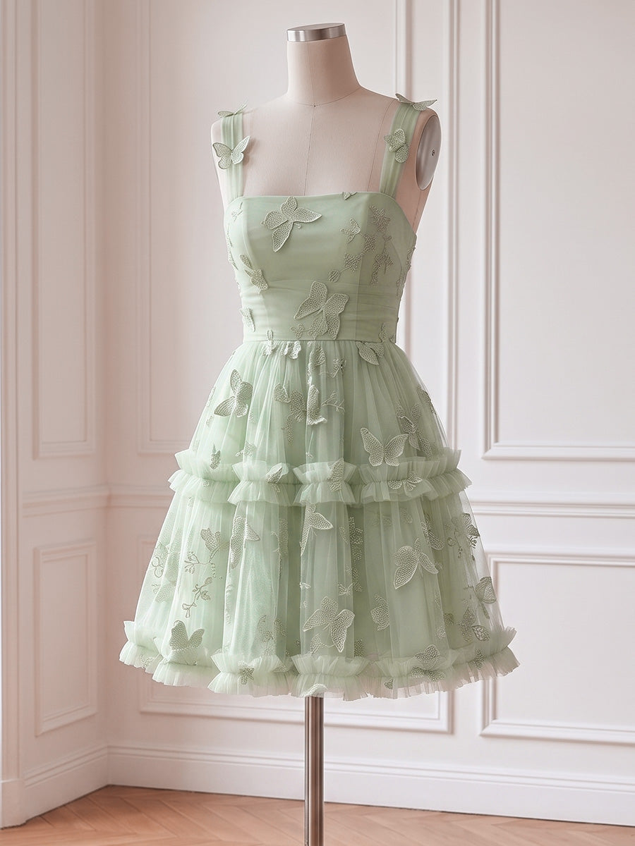 Sage Butterfly Embroidered Tulle Prom Dresses Mini Spaghetti Straps Tiered A Line