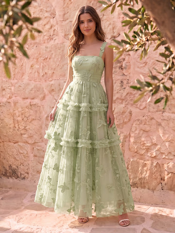 Sage Butterfly Embroidered Tulle Prom Dresses Corset Spaghetti Straps Tiered A Line
