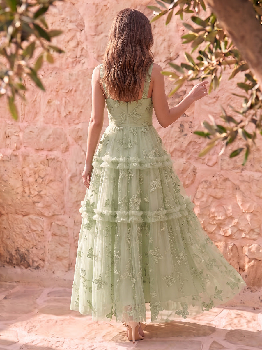 Sage Butterfly Embroidered Tulle Prom Dresses Corset Spaghetti Straps Tiered A Line