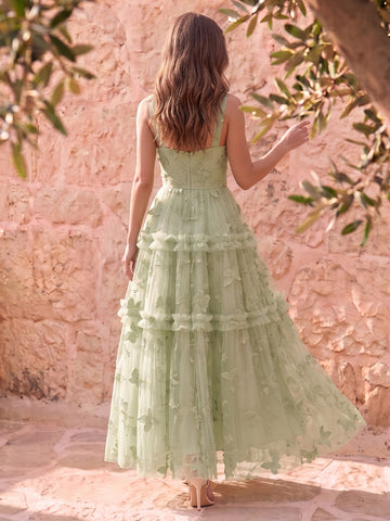 Sage Butterfly Embroidered Tulle Prom Dresses Corset Spaghetti Straps Tiered A Line