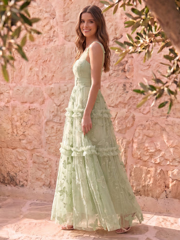 Sage Butterfly Embroidered Tulle Prom Dresses Corset Spaghetti Straps Tiered A Line