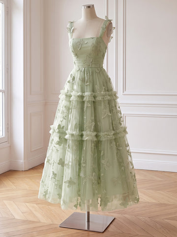 Sage Butterfly Embroidered Tulle Prom Dresses Corset Spaghetti Straps Tiered A Line