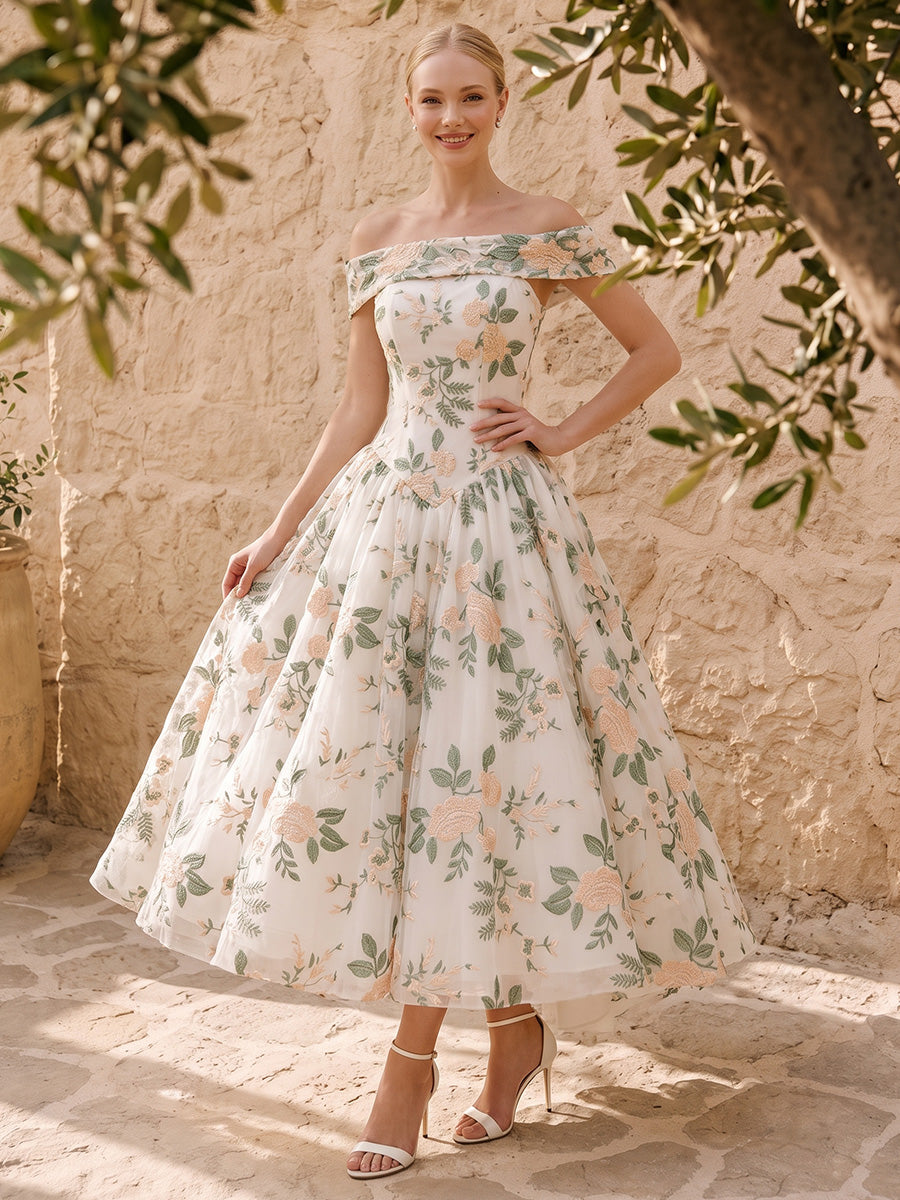 White Floral Embroidered Tulle Prom Dresses Off Shoulder A Line Midi