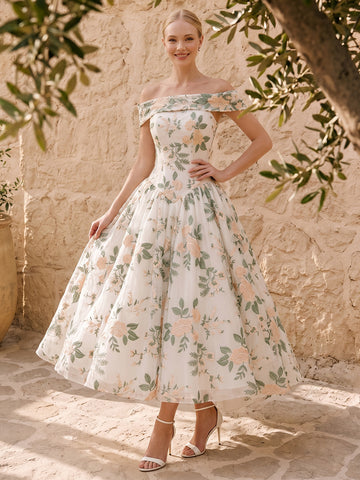 White Floral Embroidered Tulle Prom Dresses Off Shoulder A Line Midi
