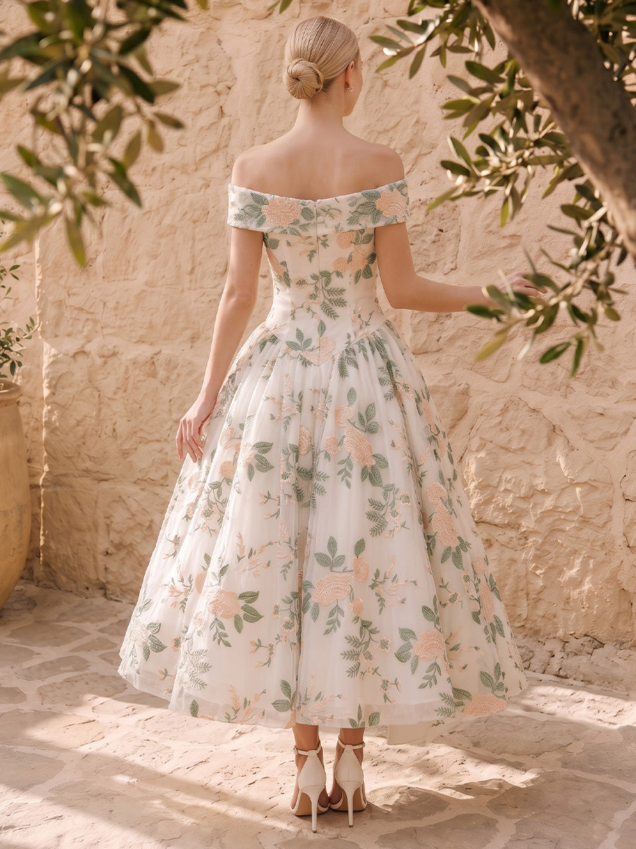 White Floral Embroidered Tulle Prom Dresses Off Shoulder A Line Midi